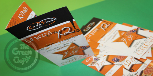 Impresión de Folletos Plegados Dípticos para la Pizzeria CrujiPizza | The Green Copy SHIRT| Villanueva de la Cañada MADRID | 918157760 |